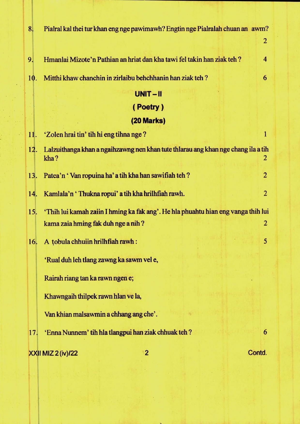 COHSEM 12th Question Papers 2022 Mizo (M.I.L.) - Page 2