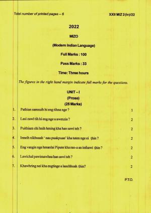 COHSEM 12th Question Papers 2022 Mizo (M.I.L.)