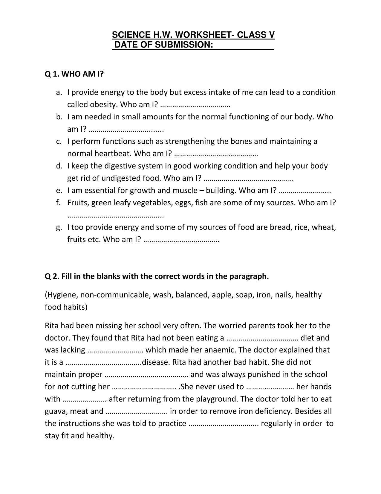 Worksheet for Class 5 Science Who Am I Assignment - Page 1