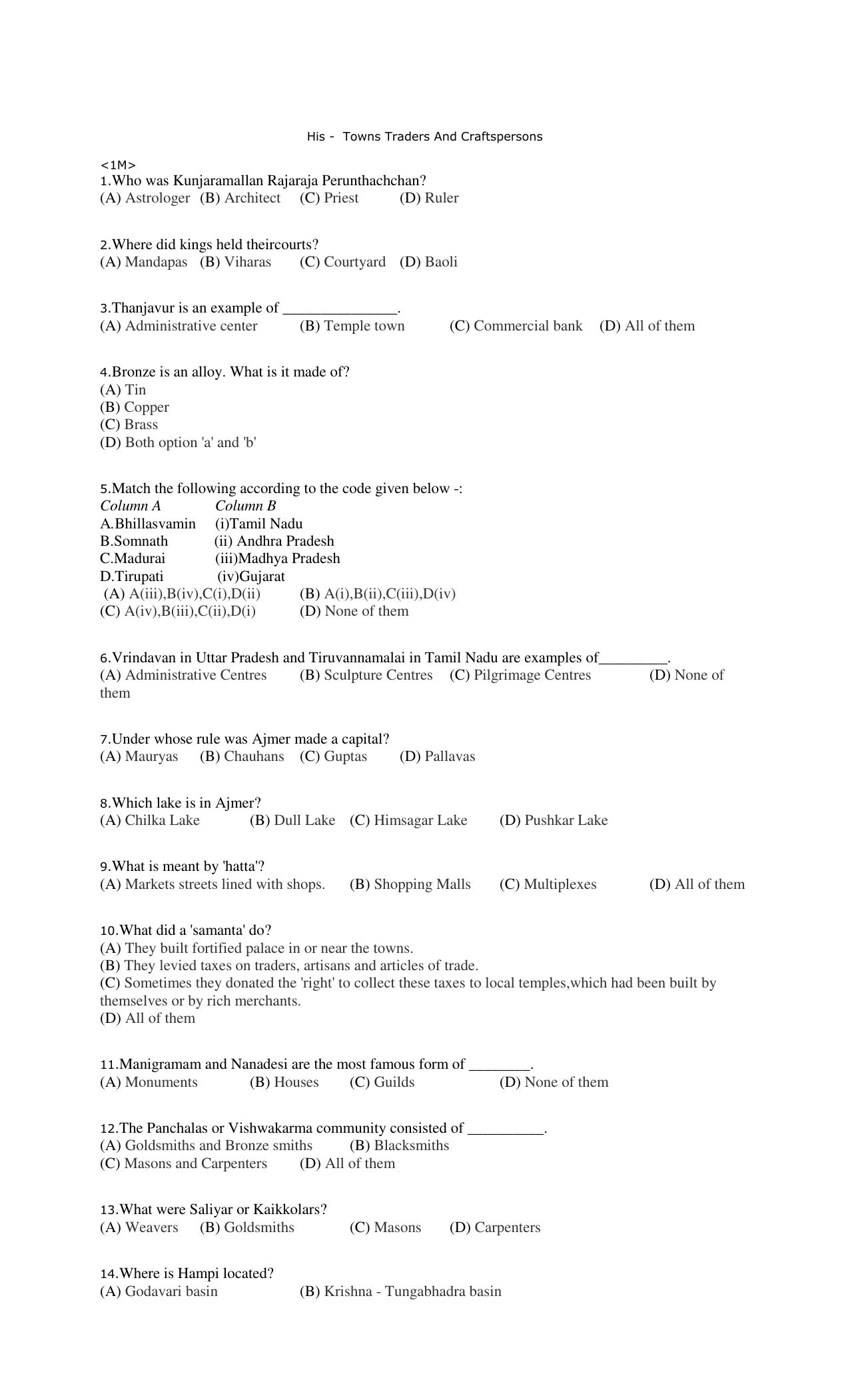 CBSE Worksheets for Class 7 Geography Towns Traders And Craftspersons Assignment - Page 1