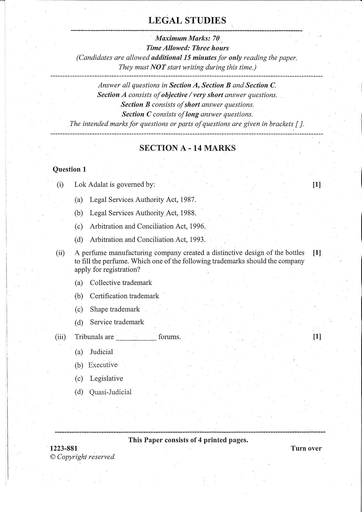 ISC Class 12 Legal Studies 2023 Question Paper - Page 1