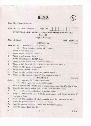AP Inter 2nd Year Spectacle Lens Grinding, Dispensing of Spectacles-II May-2019-Vocational Question Paper