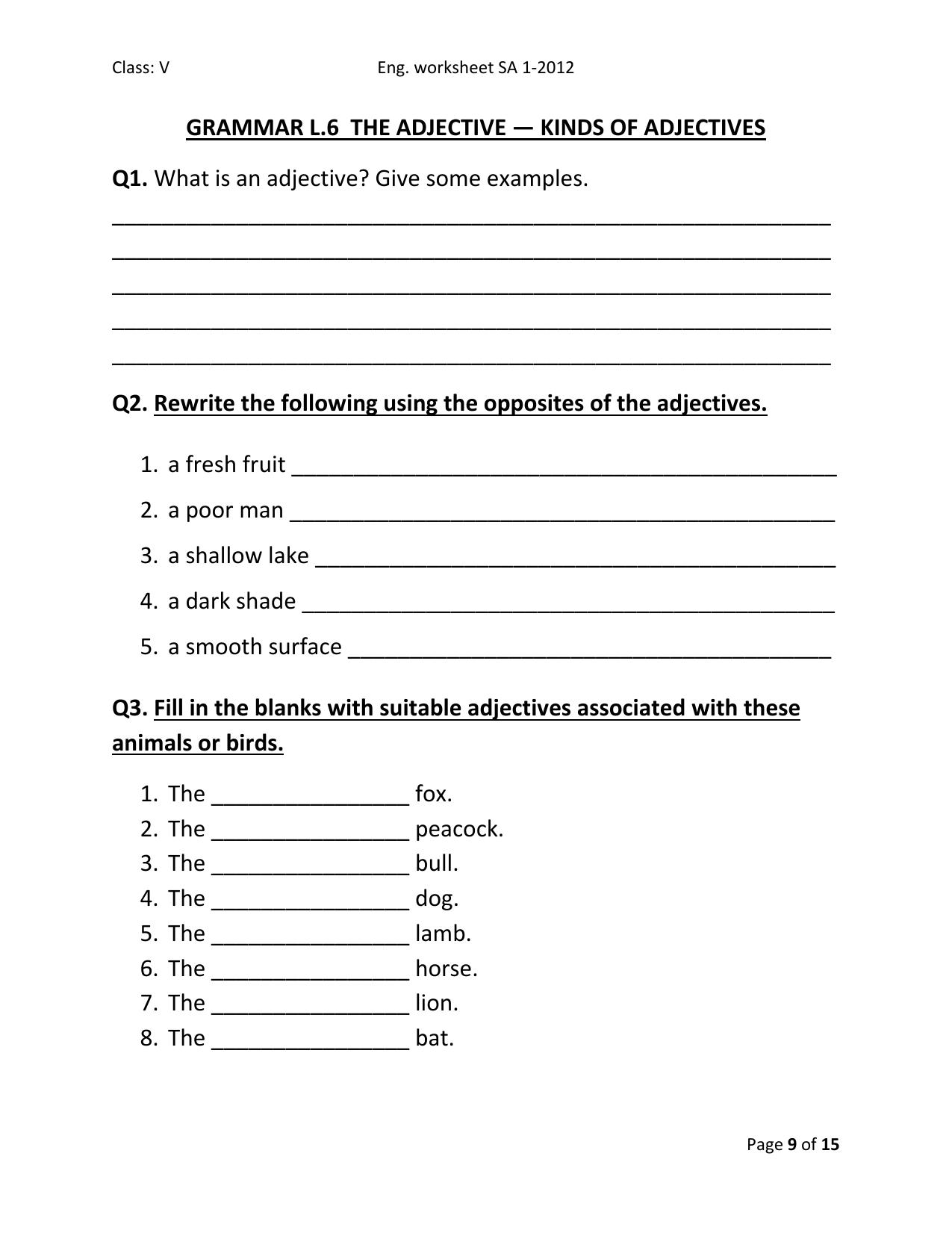 Worksheet for Class 5 English Kind of Adjectives Assignment - Page 1