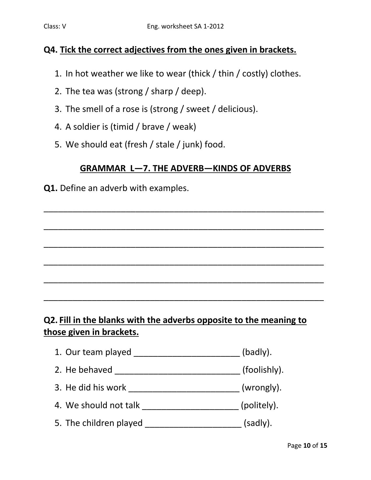 Worksheet for Class 5 English Kind of Adjectives Assignment - Page 2