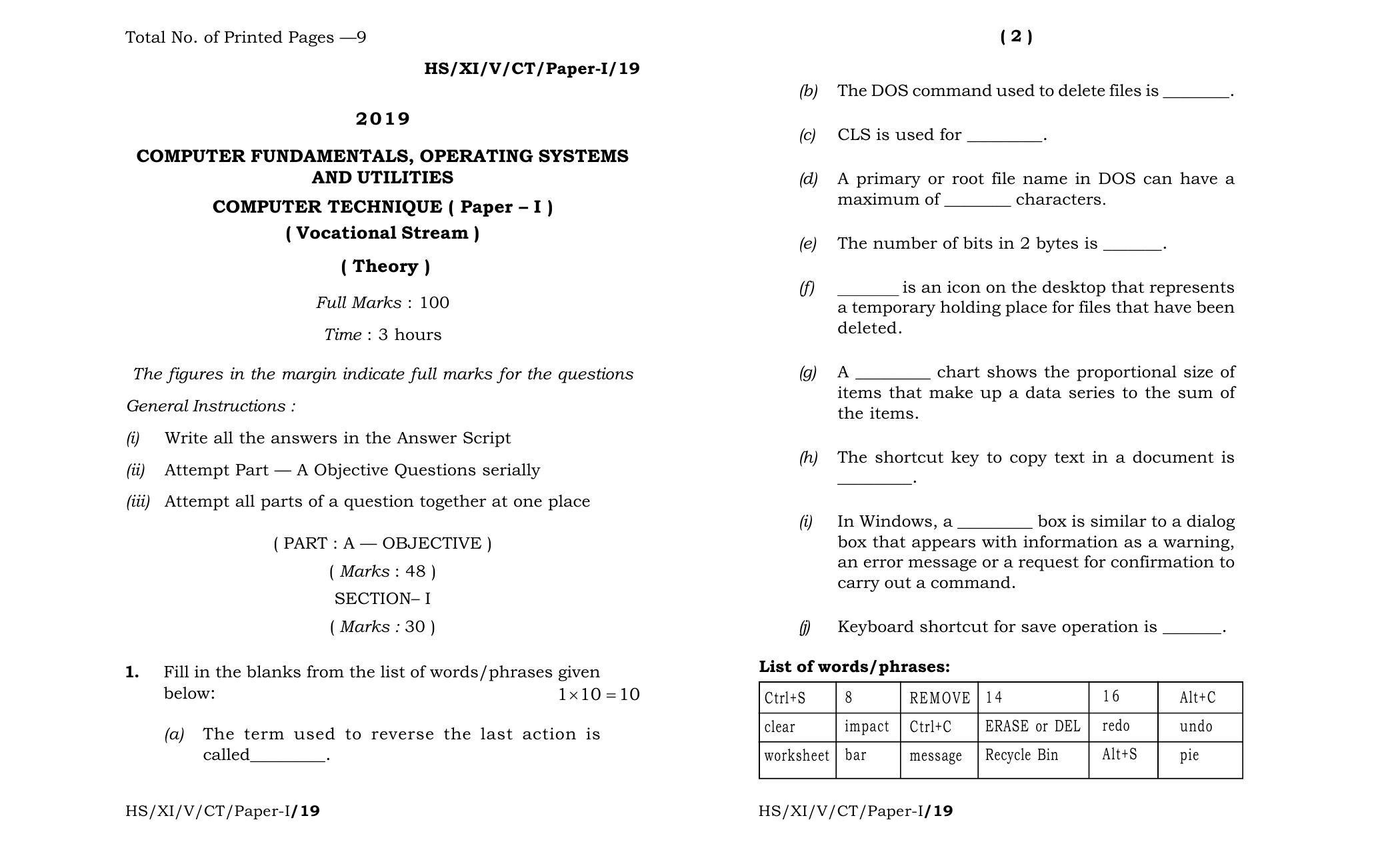 Meghalaya Board (MBOSE) Class 11 Computer_Technique__Paper_-I_ 2019 Question Paper - Page 1