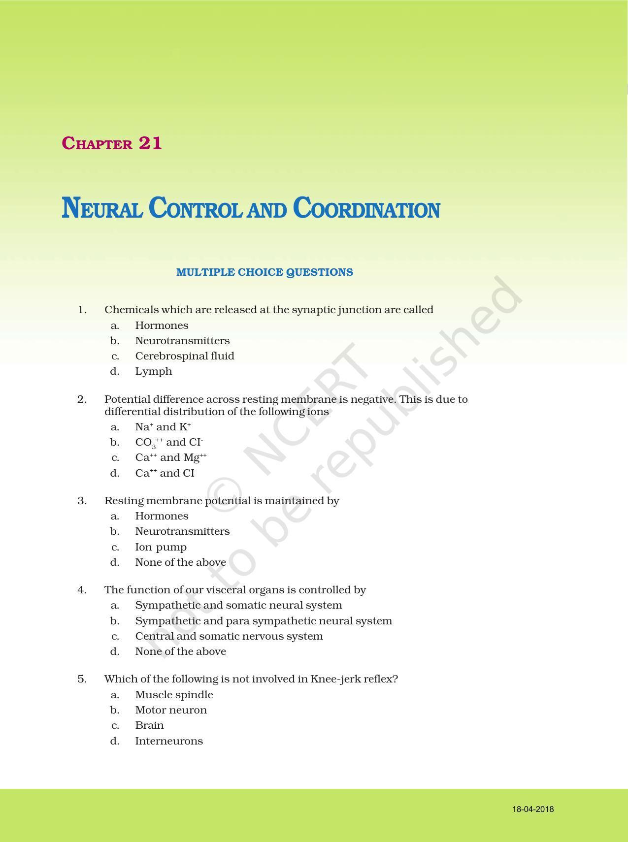 NCERT Exemplar Book for Class 11 Biology: Chapter 21 Neural Control and Coordination - Page 1