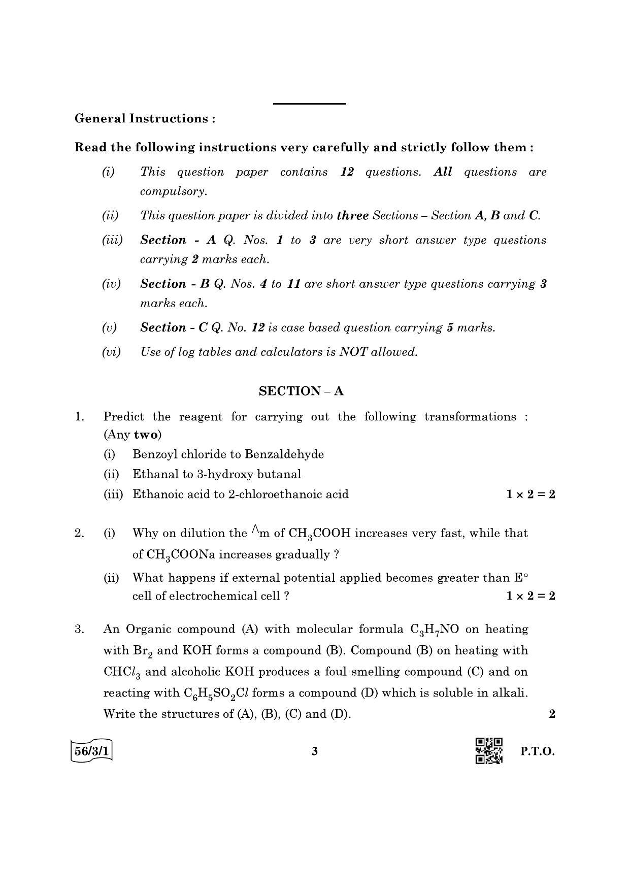 CBSE Class 12 56-3-1 Chemistry 2022 Question Paper - Page 3