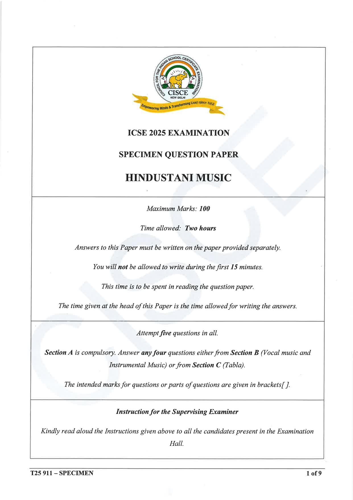 ICSE Class 10 2025 Hindustani Music (QP & MS) Specimen Paper - Page 1