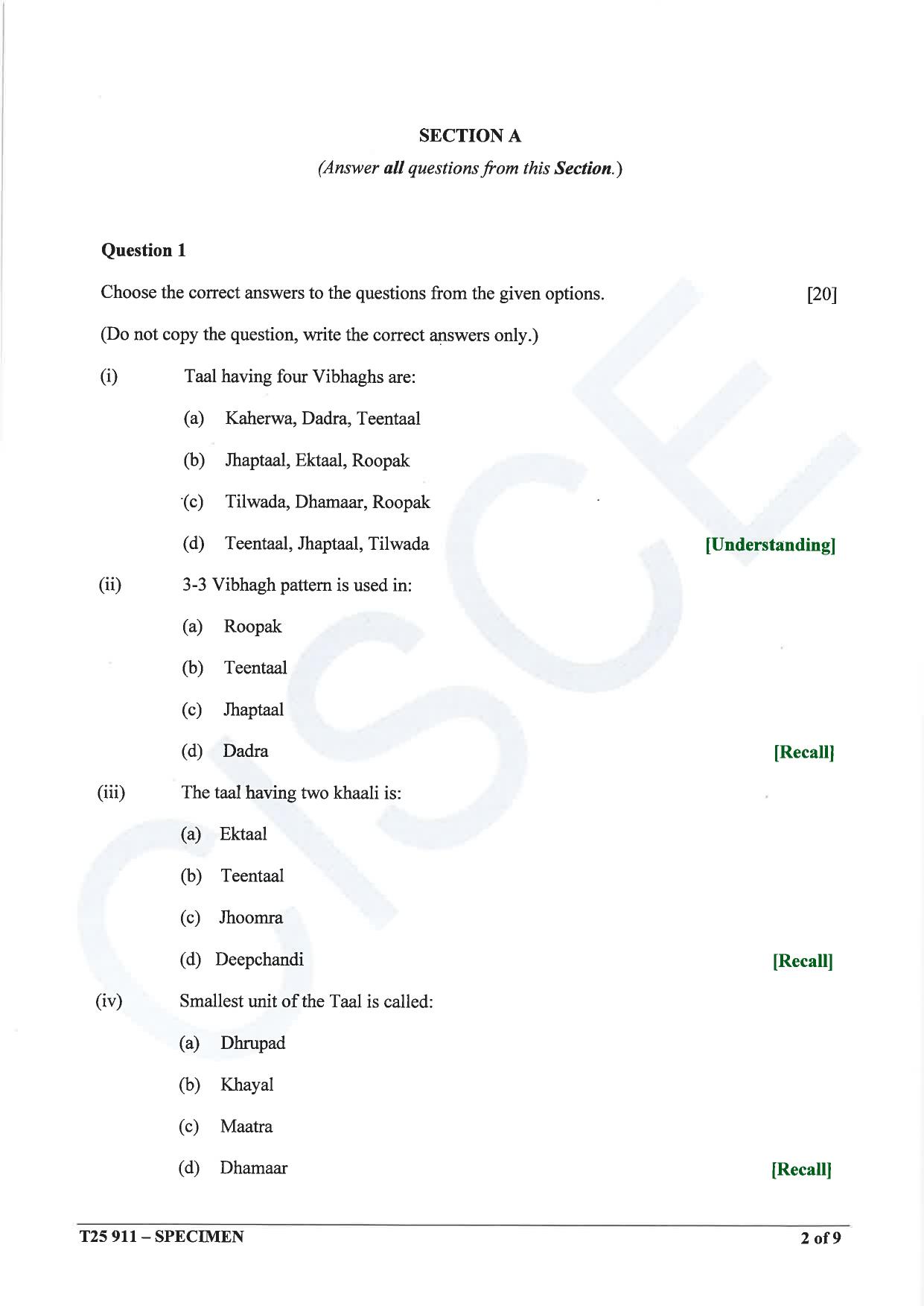 ICSE Class 10 2025 Hindustani Music (QP & MS) Specimen Paper - Page 2