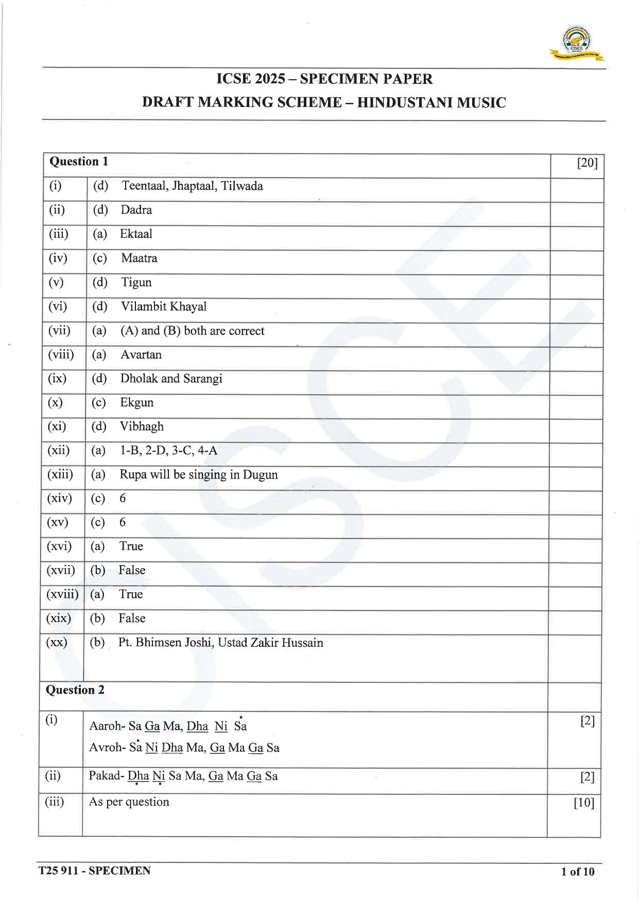 ICSE Class 10 2025 Hindustani Music (QP & MS) Specimen Paper - Page 10