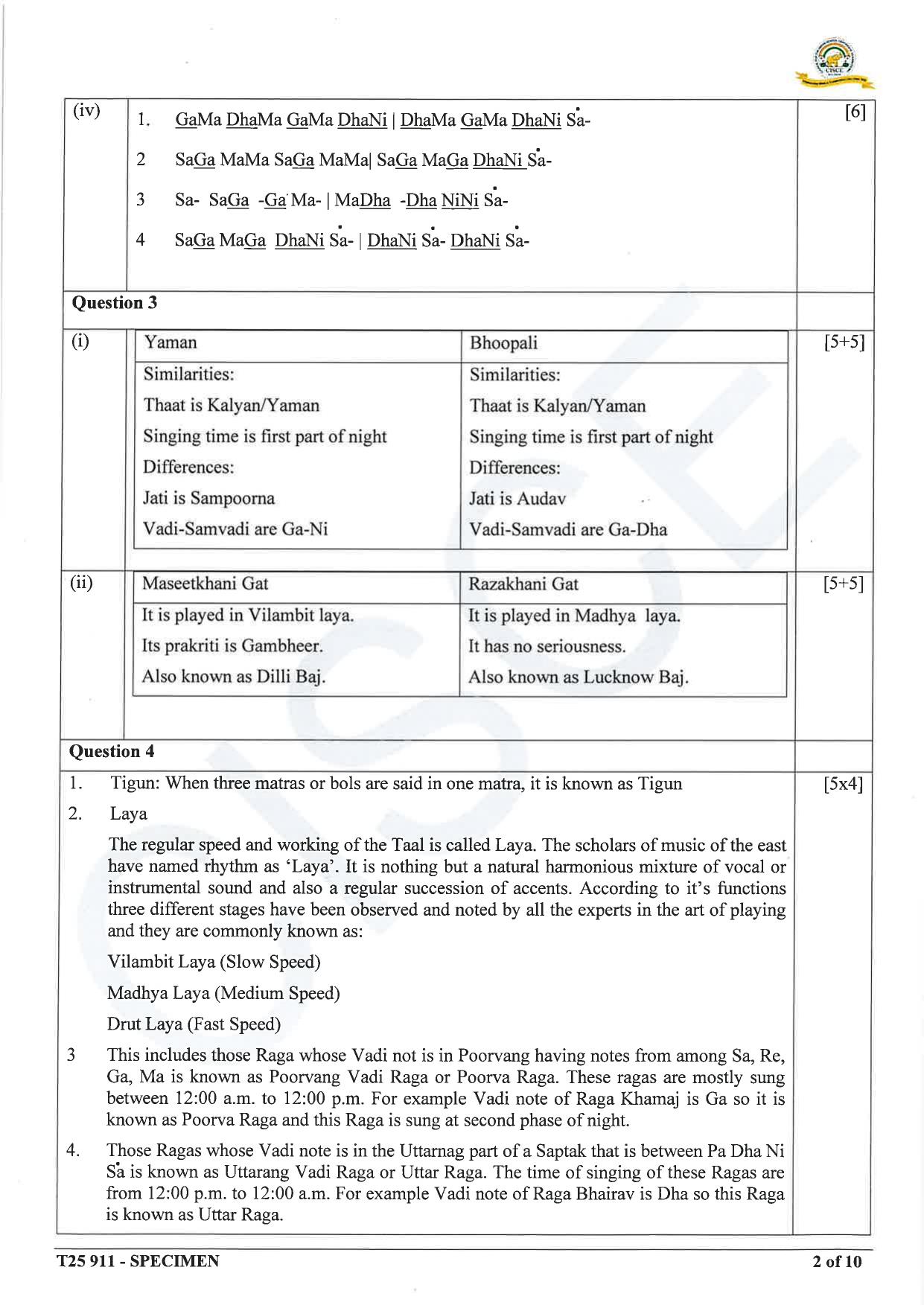 ICSE Class 10 2025 Hindustani Music (QP & MS) Specimen Paper - Page 11