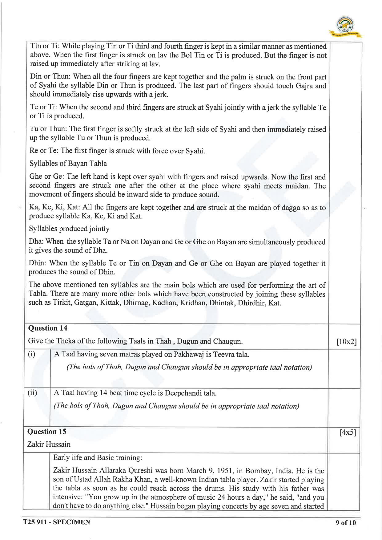 ICSE Class 10 2025 Hindustani Music (QP & MS) Specimen Paper - Page 18