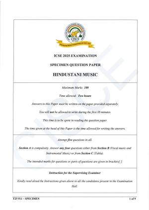 ICSE Class 10 2025 Hindustani Music (QP & MS) Specimen Paper