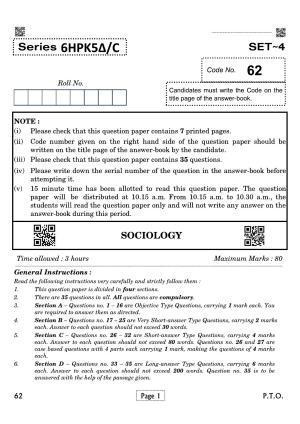 CBSE Class 12 039 SOCIOLOGY 2021 Compartment Question Paper