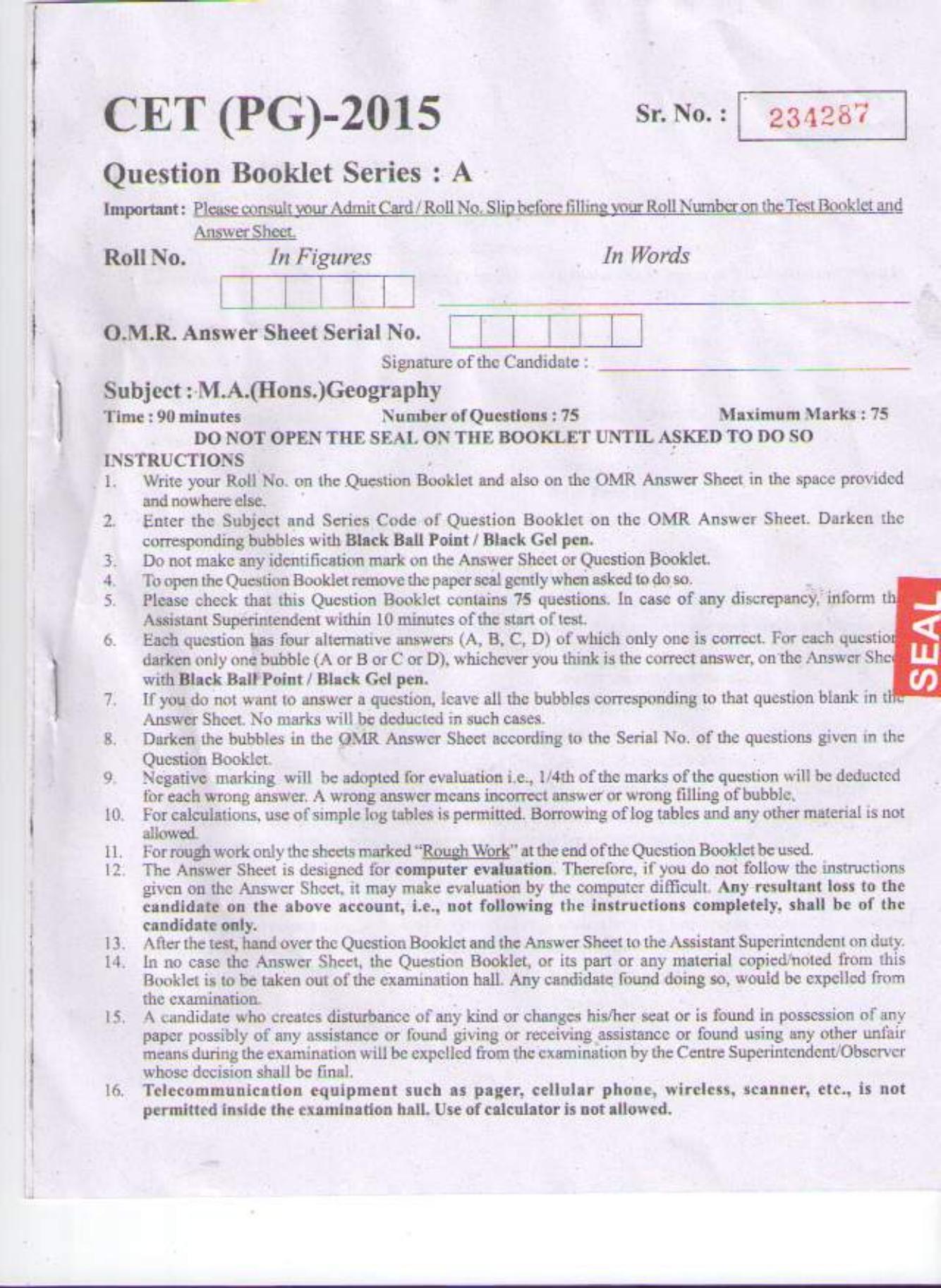 PU CET PG 2015: M.A (Geography) Question Paper - Page 1