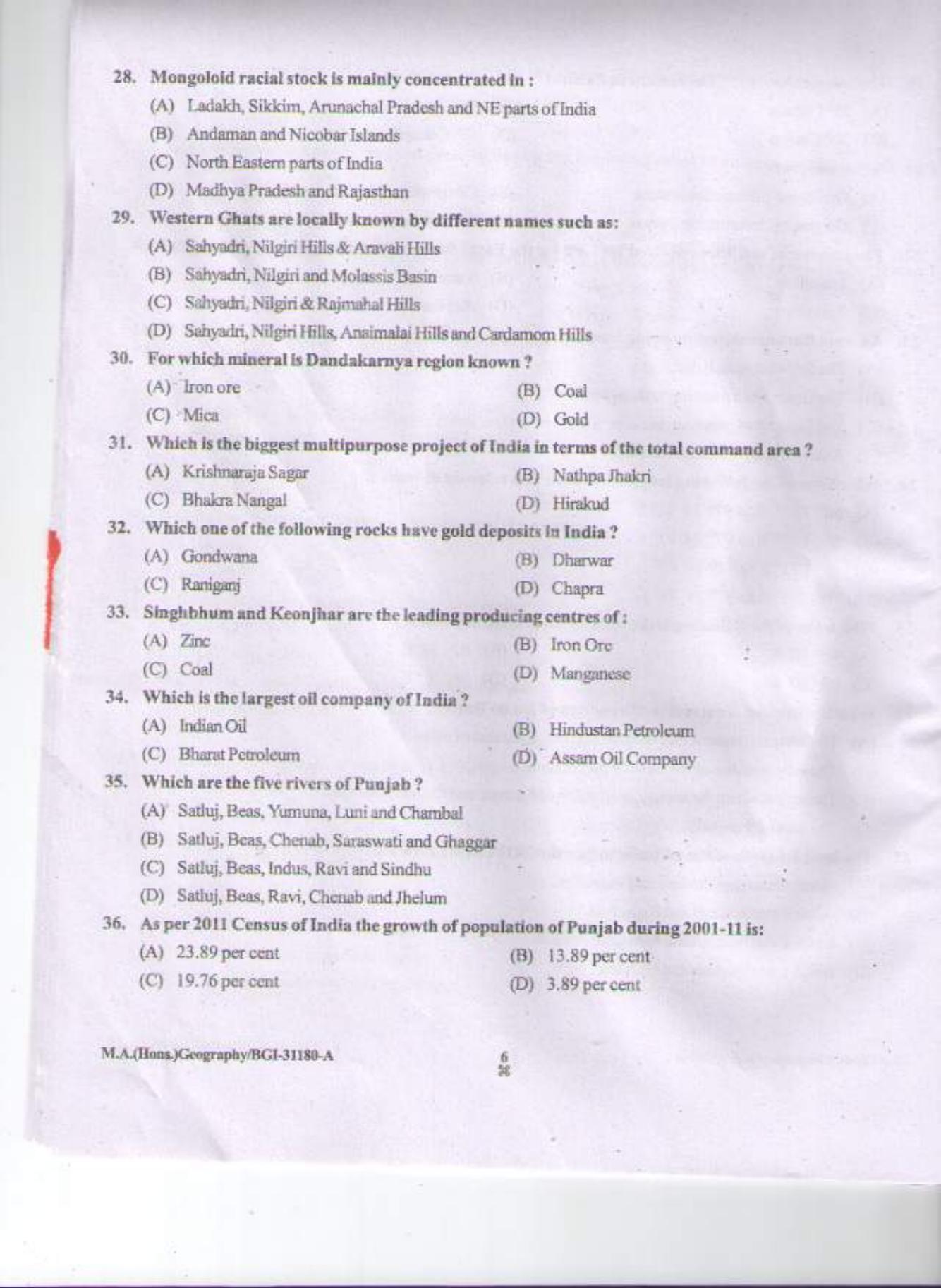 PU CET PG 2015: M.A (Geography) Question Paper - Page 5