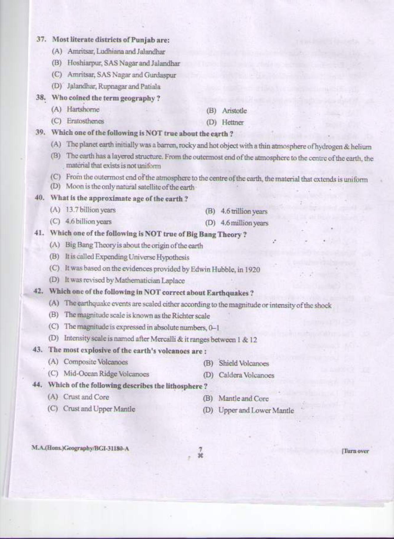 PU CET PG 2015: M.A (Geography) Question Paper - Page 6