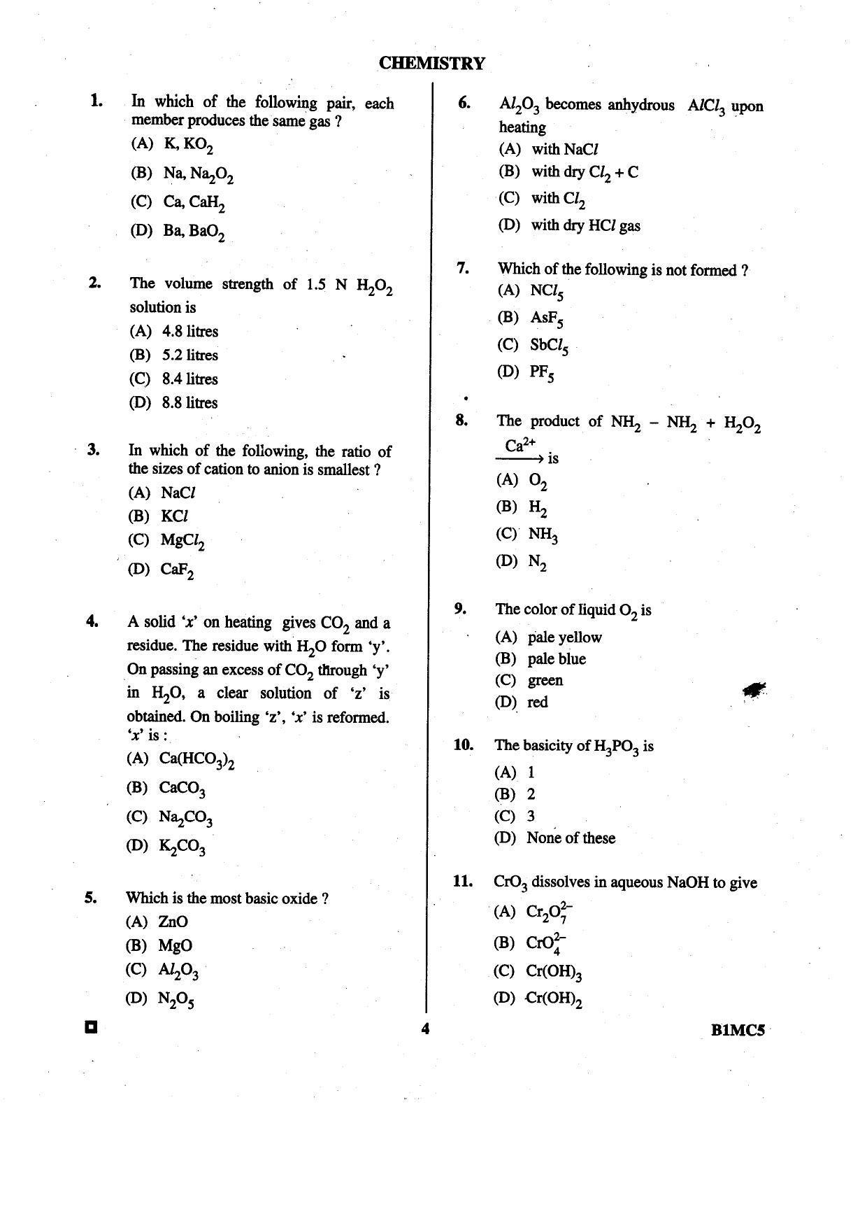 BCECE 2015 Chemistry Question Paper - Page 4