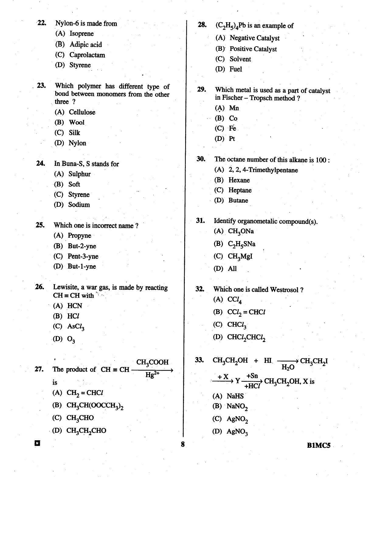 BCECE 2015 Chemistry Question Paper - Page 8