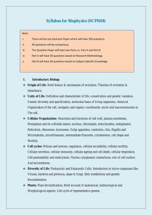 NTA PhD Entrance Exam Bio-Physics Syllabus
