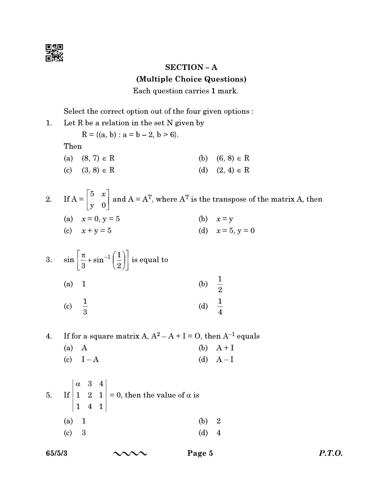 CBSE Class 12 65-5-3 MATHEMATICS 2023 Question Paper - Page 5