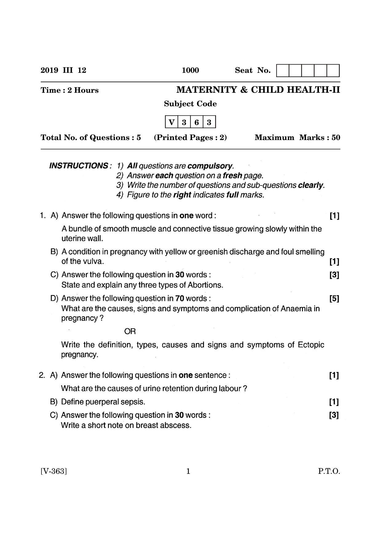 Goa Board Class 12 Maternity and Child Health - II  March 2019 (March 2019) Question Paper - Page 1