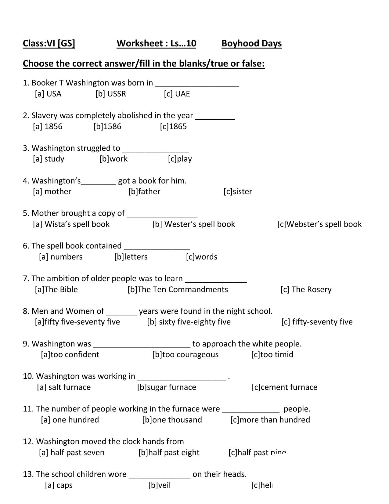 Worksheet for Class 4 English Assignment 57 Boyhood Days - Page 1