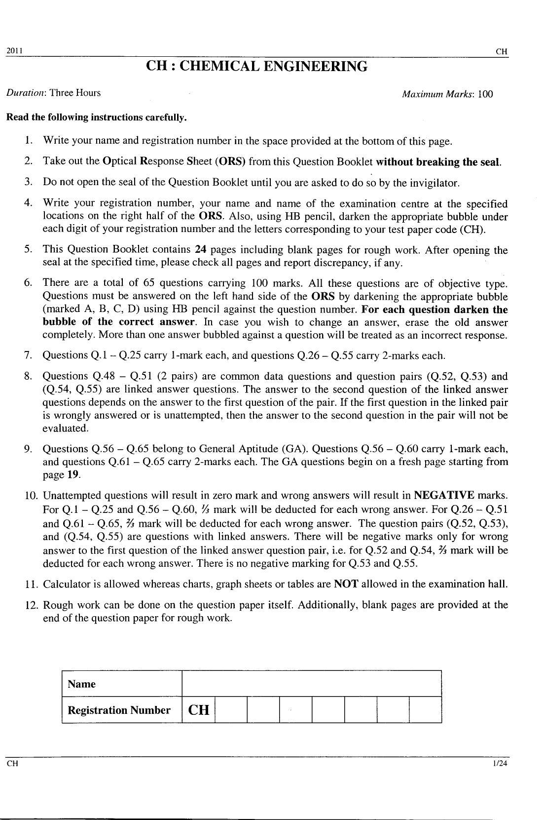 GATE 2011 Chemical Engineering (CH) Question Paper with Answer Key - Page 1