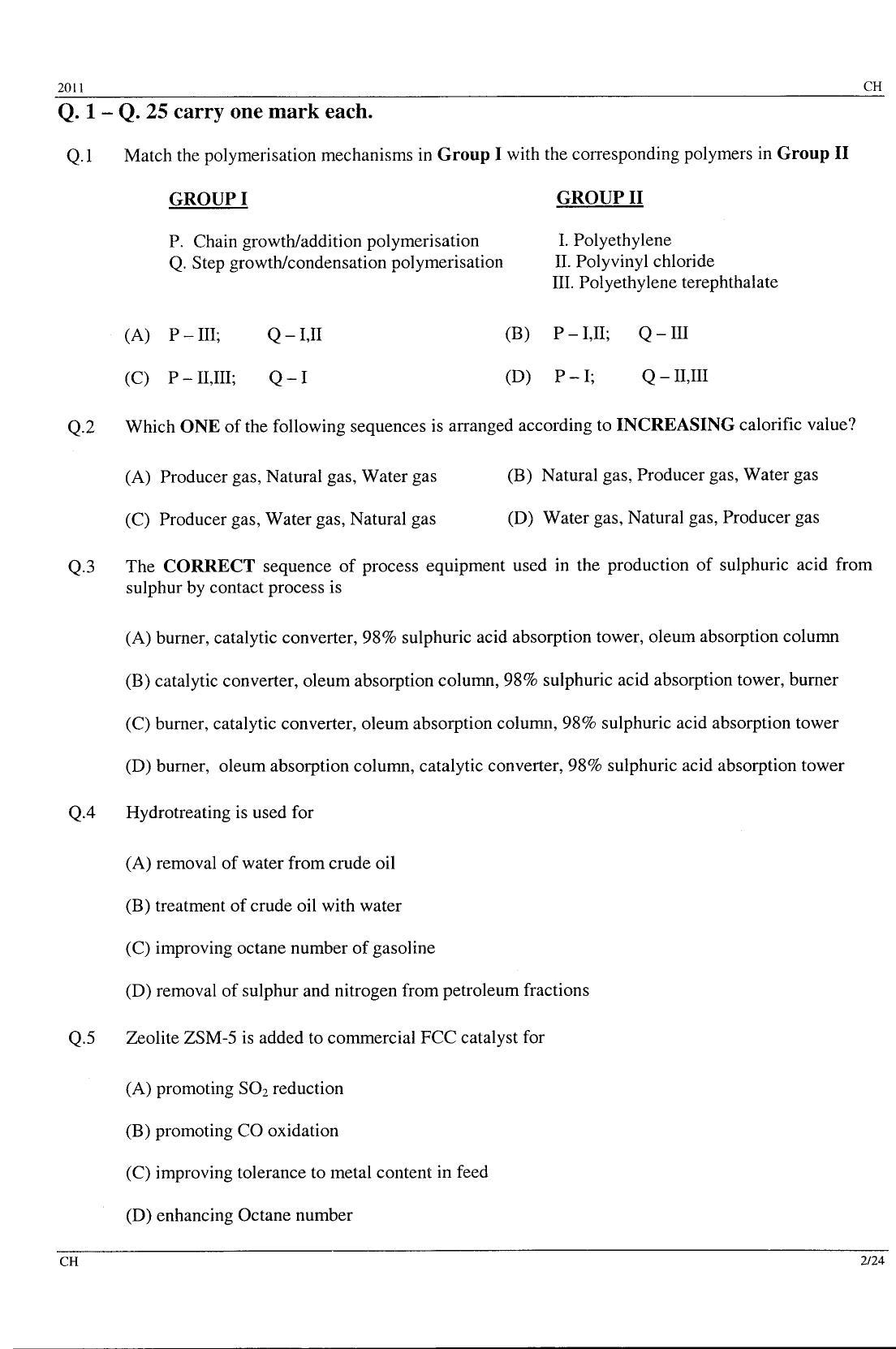 GATE 2011 Chemical Engineering (CH) Question Paper with Answer Key - Page 2