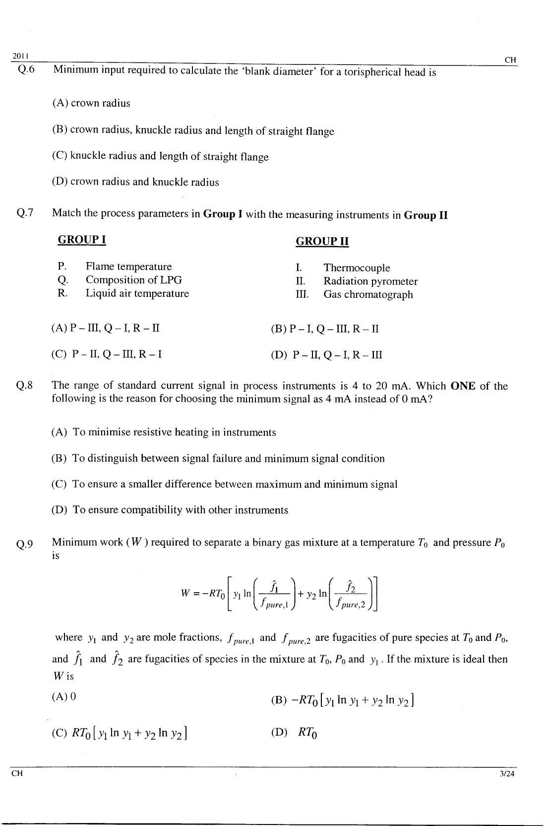 GATE 2011 Chemical Engineering (CH) Question Paper with Answer Key - Page 3