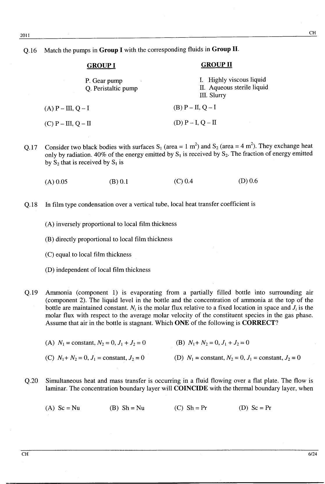 GATE 2011 Chemical Engineering (CH) Question Paper with Answer Key - Page 6
