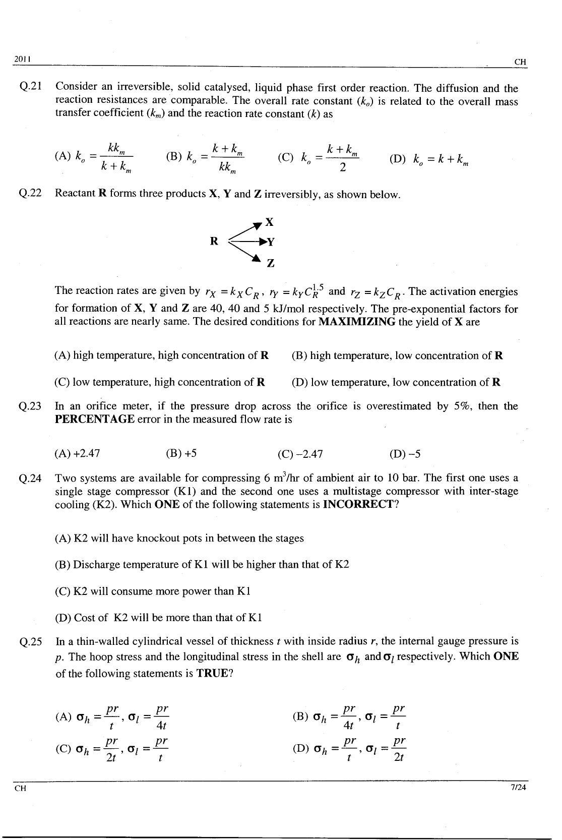 GATE 2011 Chemical Engineering (CH) Question Paper with Answer Key - Page 7