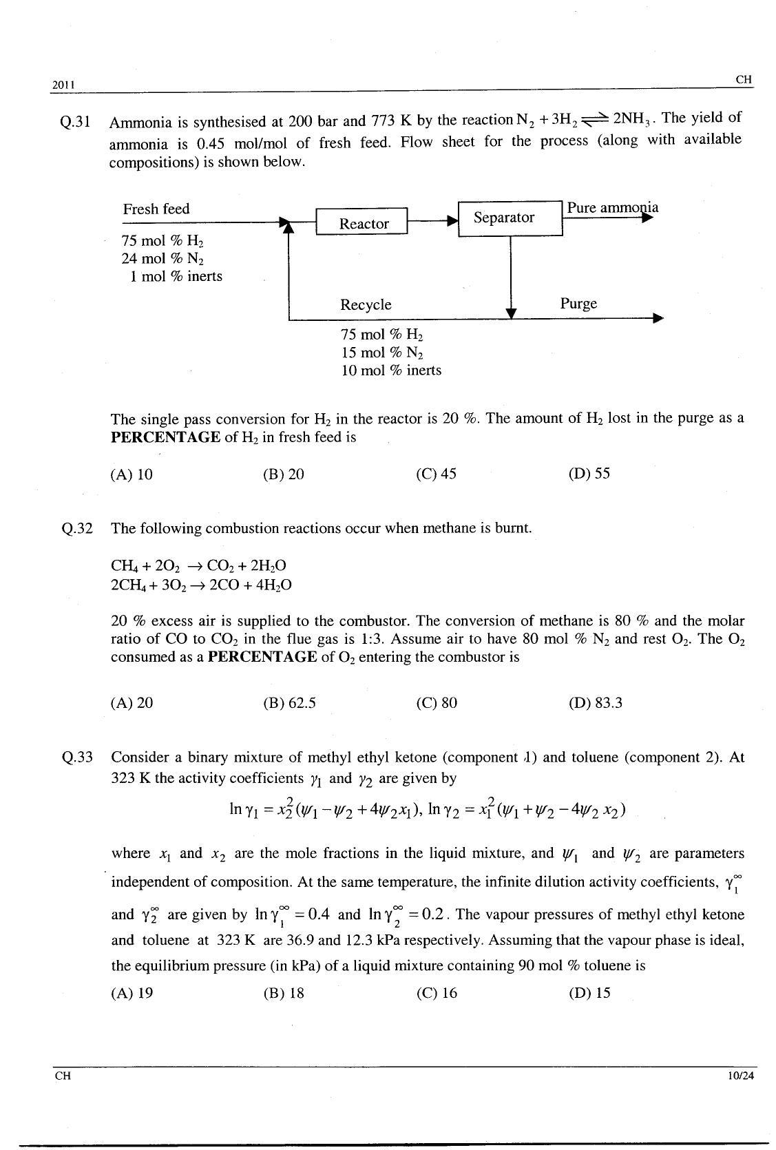 GATE 2011 Chemical Engineering (CH) Question Paper with Answer Key - Page 10