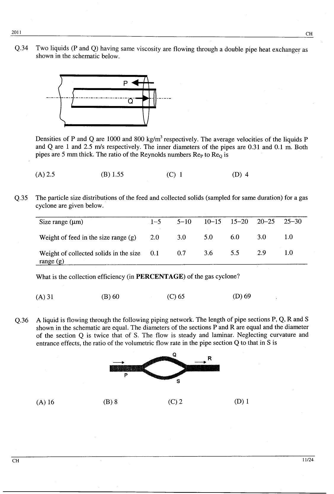 GATE 2011 Chemical Engineering (CH) Question Paper with Answer Key - Page 11