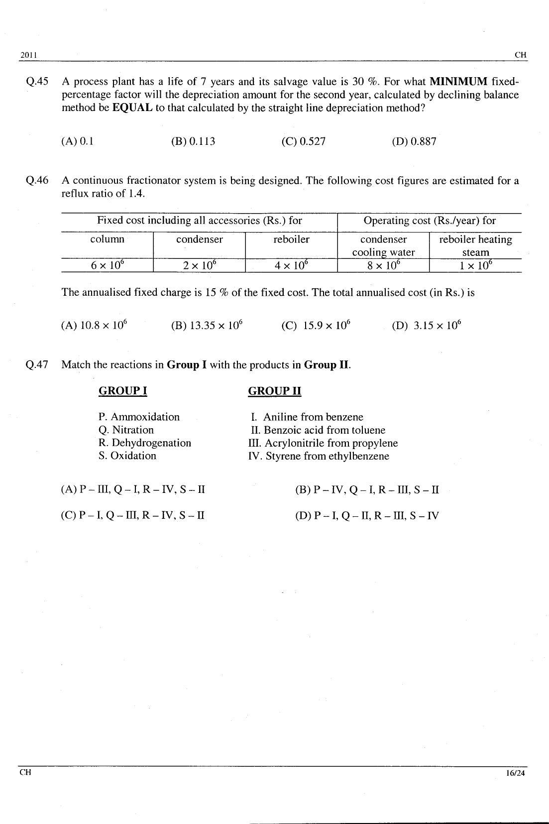 GATE 2011 Chemical Engineering (CH) Question Paper with Answer Key - Page 16