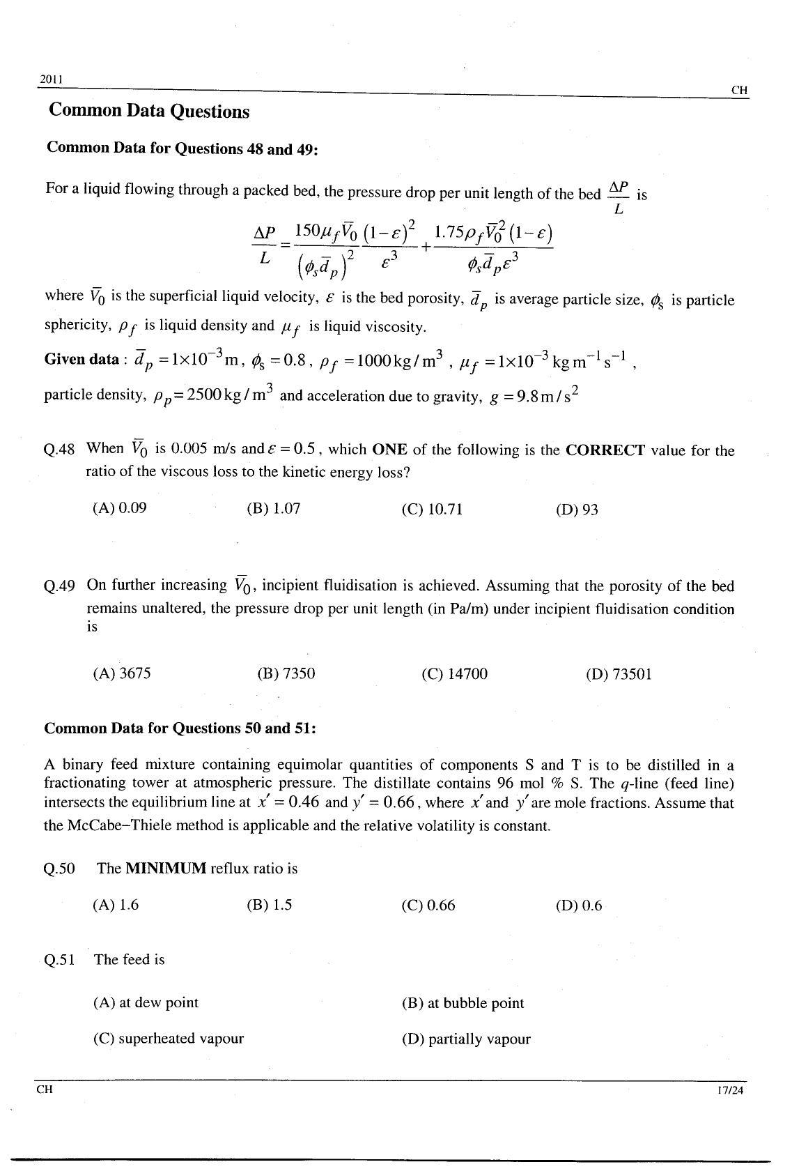 GATE 2011 Chemical Engineering (CH) Question Paper with Answer Key - Page 17