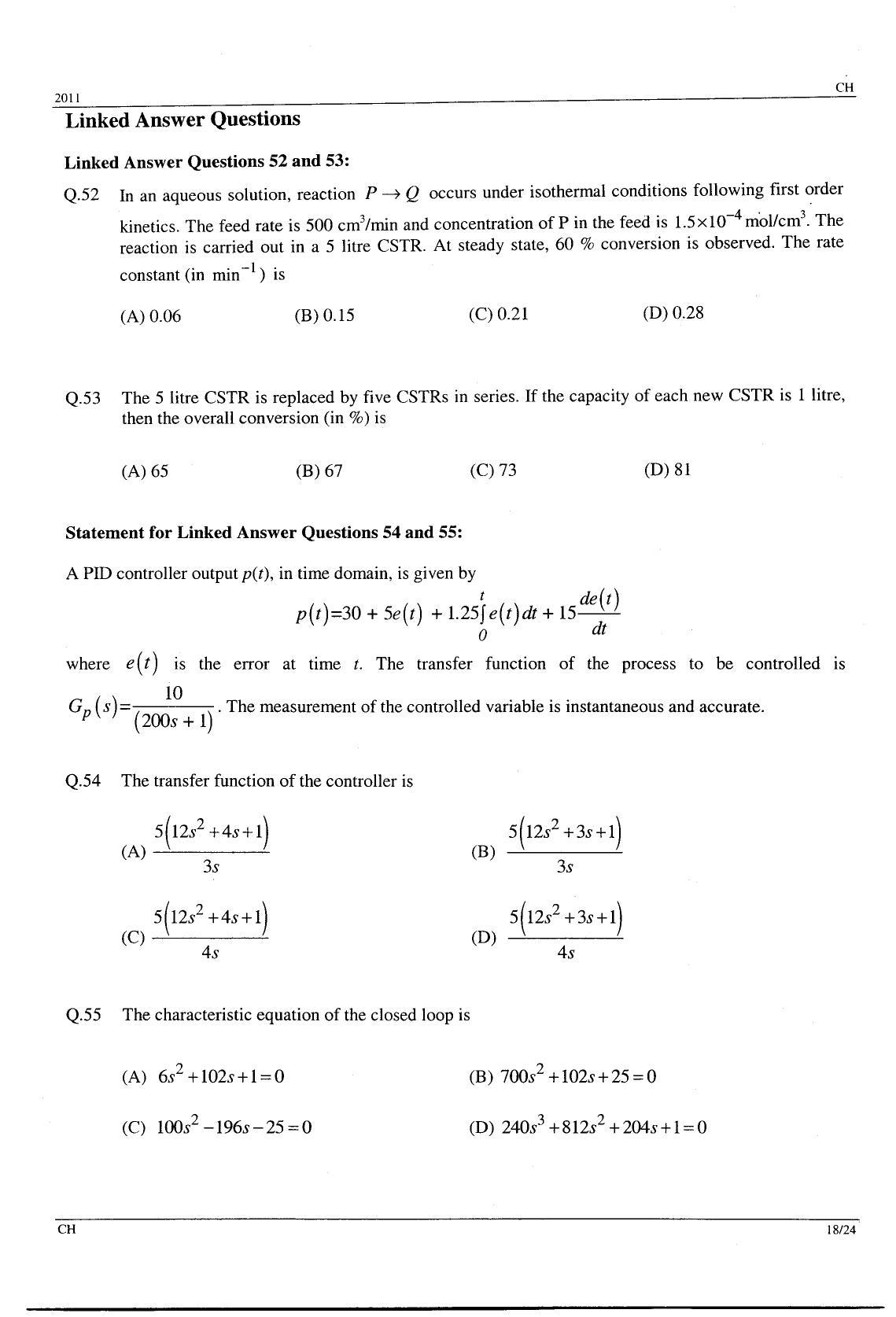 GATE 2011 Chemical Engineering (CH) Question Paper with Answer Key - Page 18