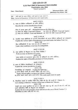 Bilaspur University Question Paper July 2022: LL.B. Part One(II Sem.)(Old Course) Trust & Equity Paper 1