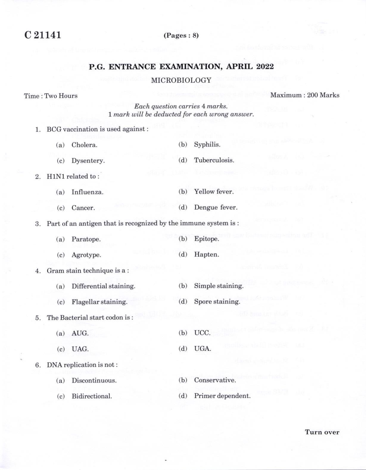 CUCAT 2022 M.Sc. Microbiology Question Paper - Page 1