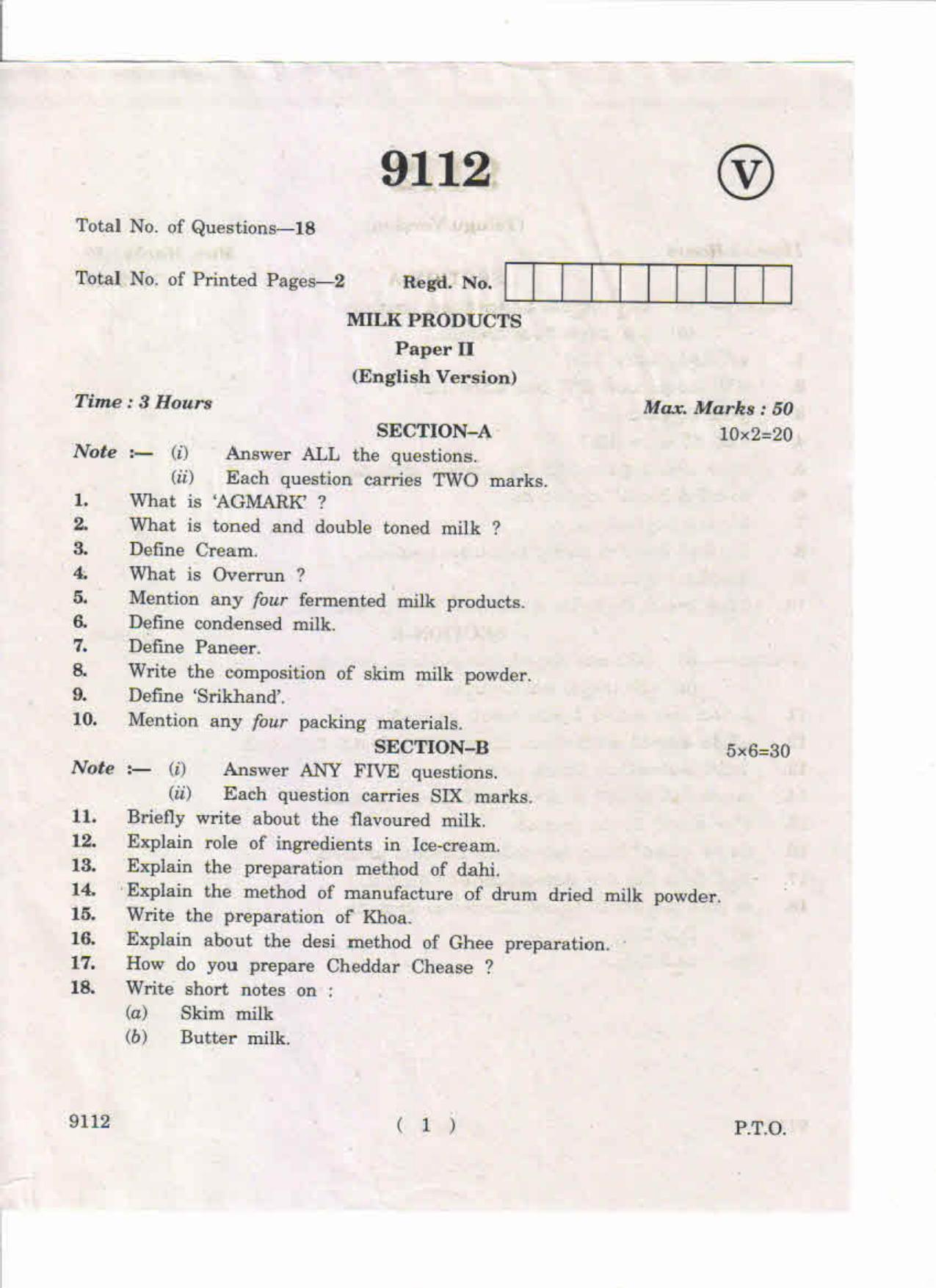 AP Inter 2nd Year Milk Products-II May-2019-Vocational Question Paper - Page 1