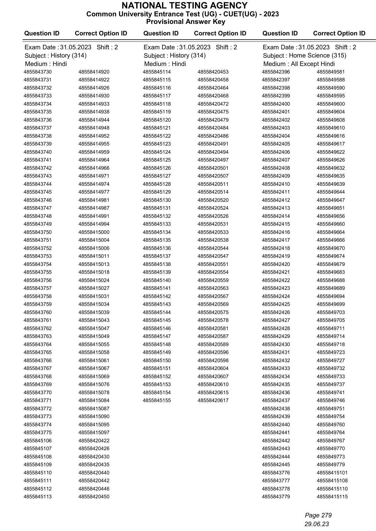 CUET 2023 Answer Key - Page 279