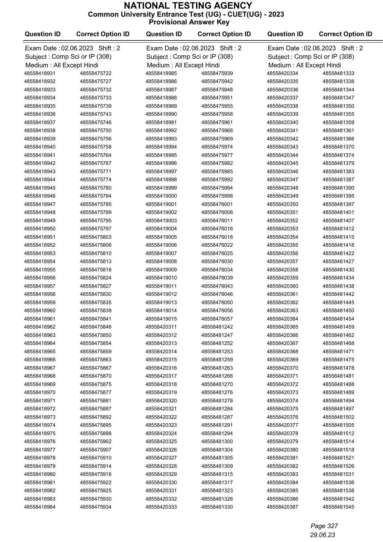 CUET 2023 Answer Key - Page 327