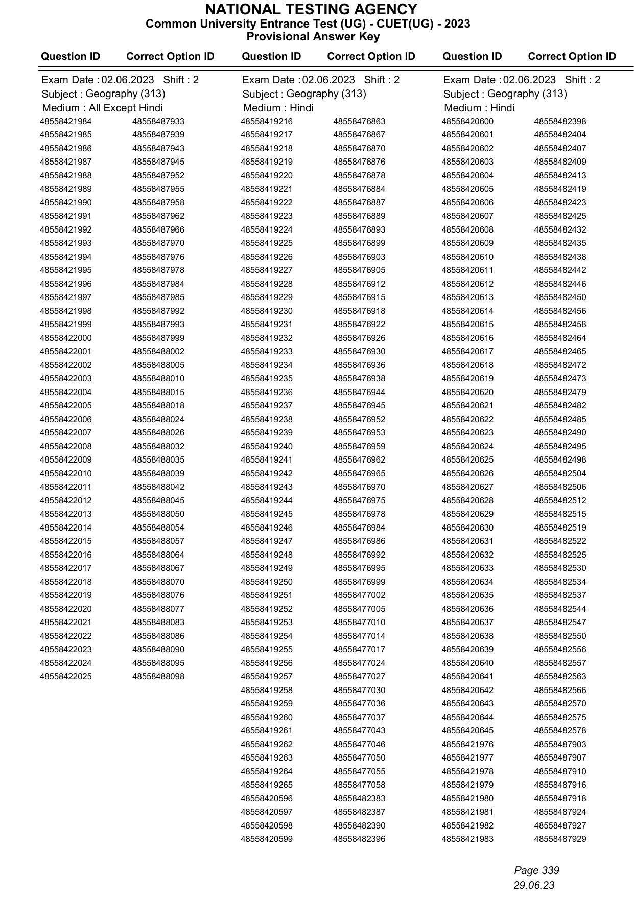 CUET 2023 Answer Key - Page 339