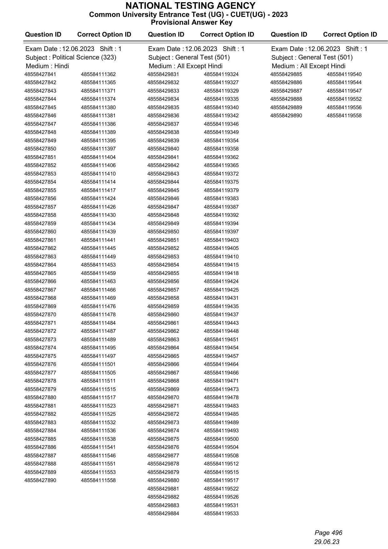 CUET 2023 Answer Key - Page 496