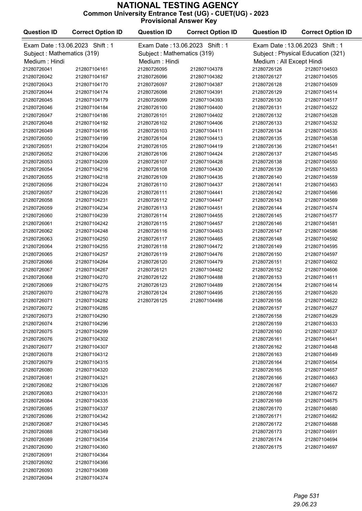 CUET 2023 Answer Key - Page 531
