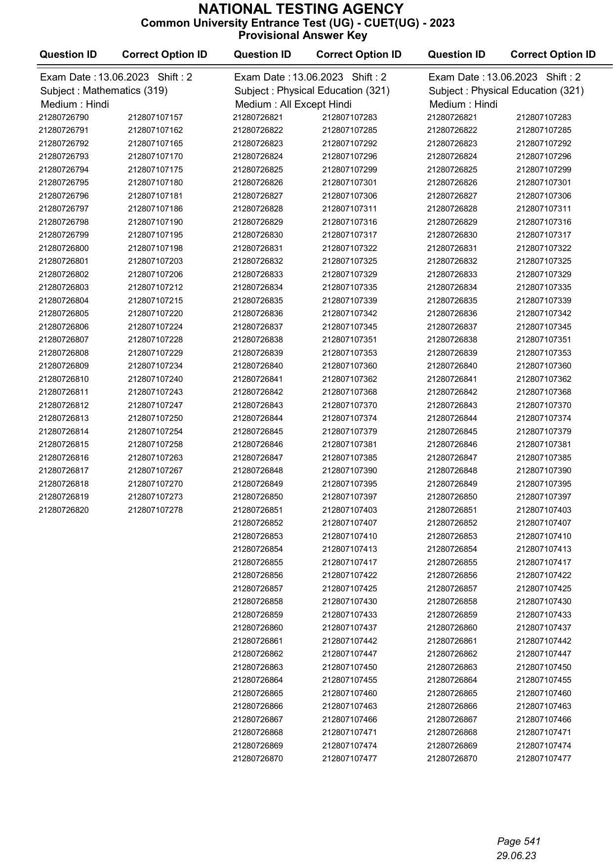 CUET 2023 Answer Key - Page 541