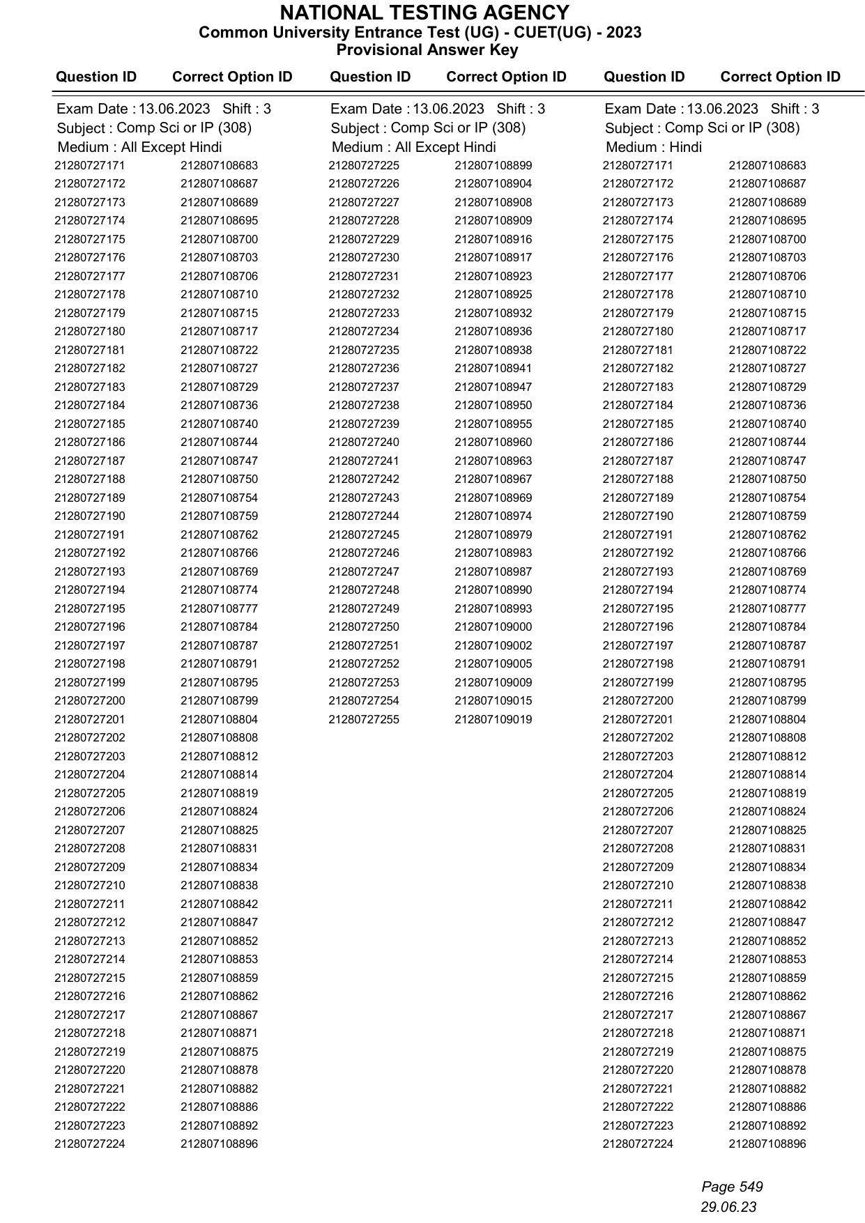 CUET 2023 Answer Key - Page 549