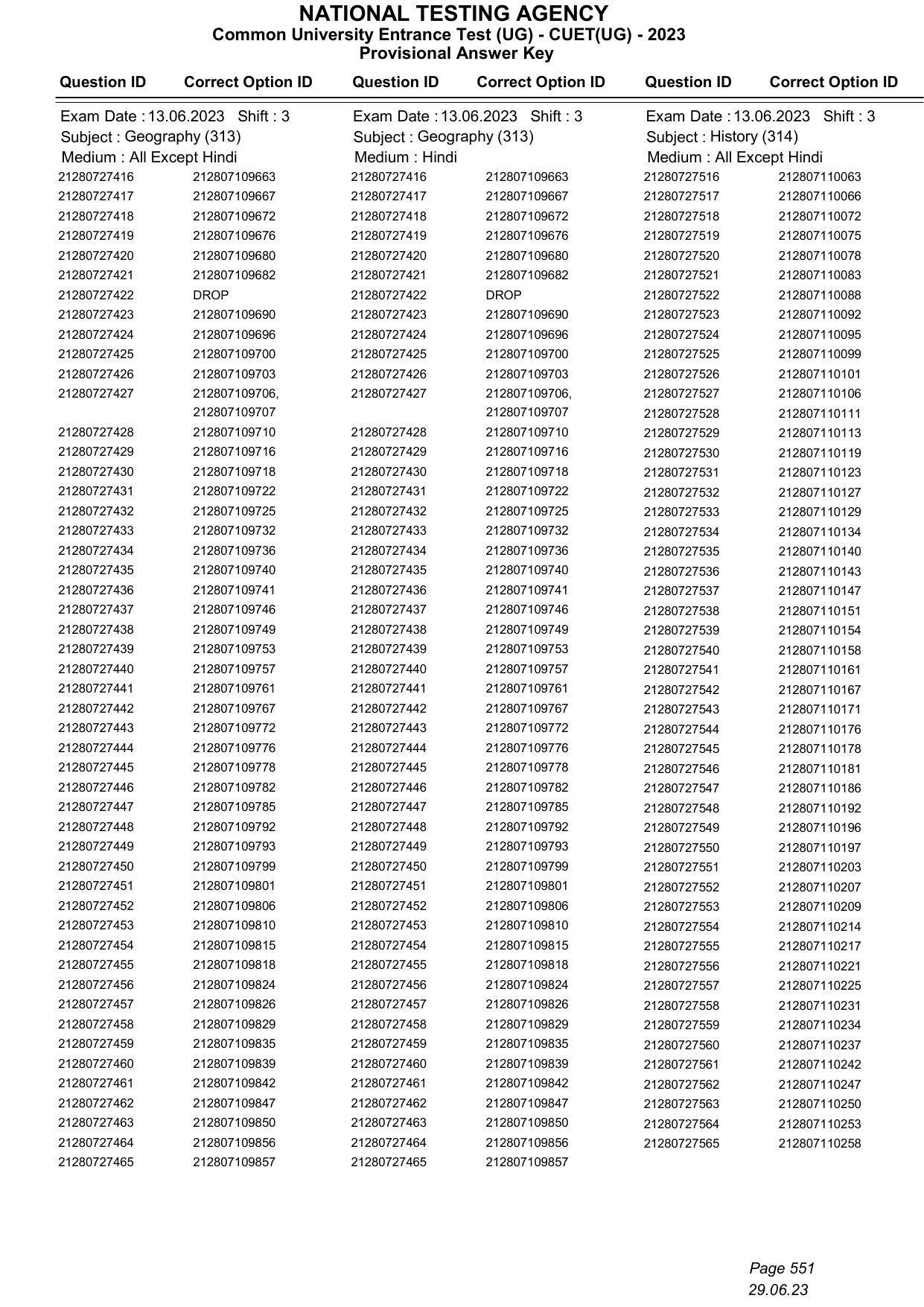 CUET 2023 Answer Key - Page 551