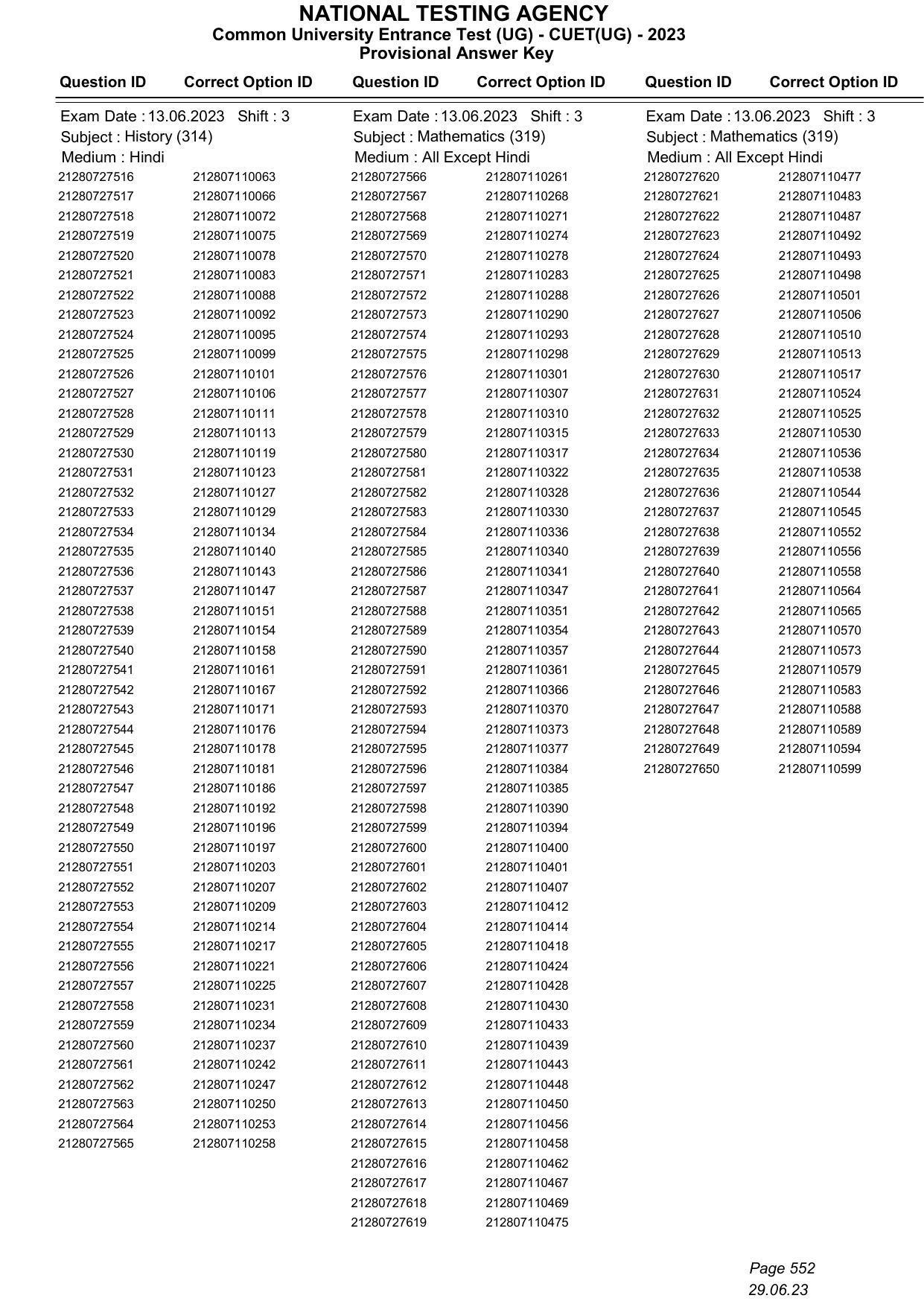 CUET 2023 Answer Key - Page 552