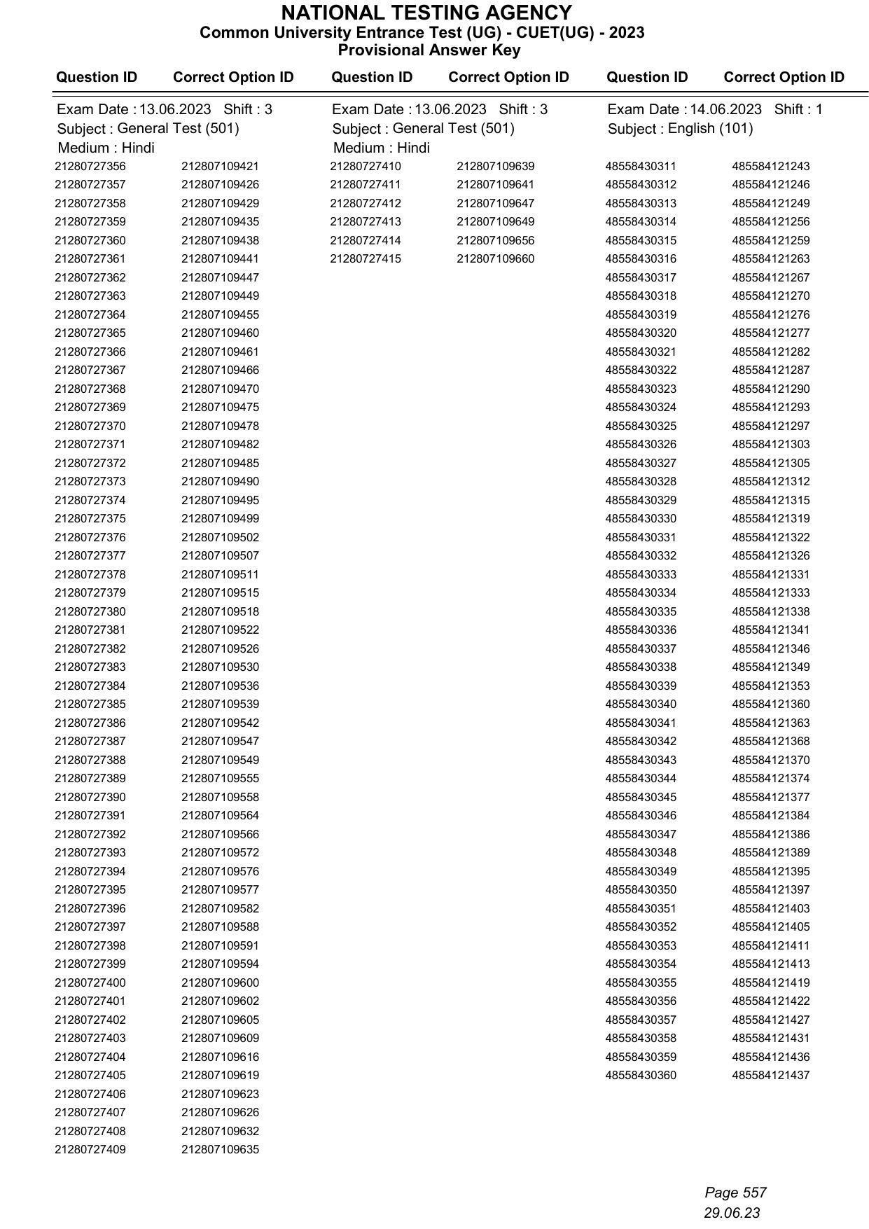 CUET 2023 Answer Key - Page 557